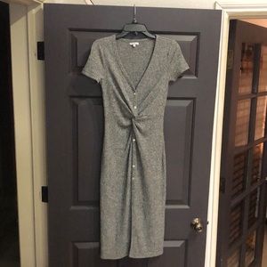 XS Short sleeve, grey, sweater material, button- down midi sweater dress